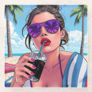 Purple Bikini, Sunglasses and Bandana Woman Glass Coaster