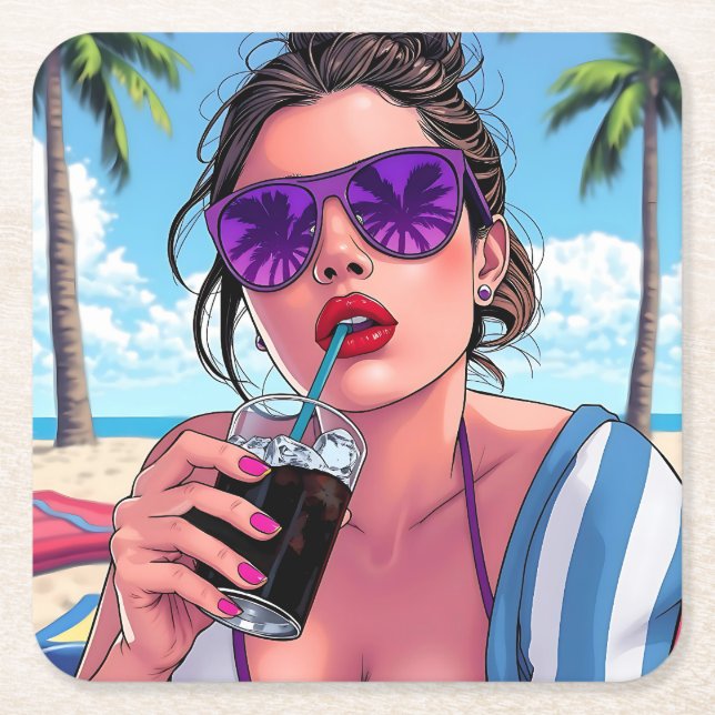 Purple Bikini, Sunglasses and Bandanna Woman  Square Paper Coaster (Front)