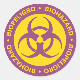 Purple Bilingual Biohazard Warning Classic Round Sticker