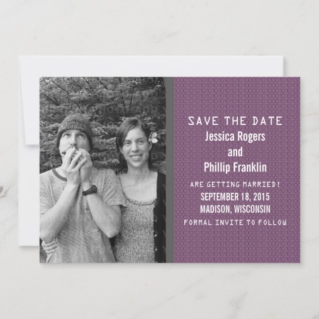 Purple Binary Code Photo Save the Date Invite (Front)