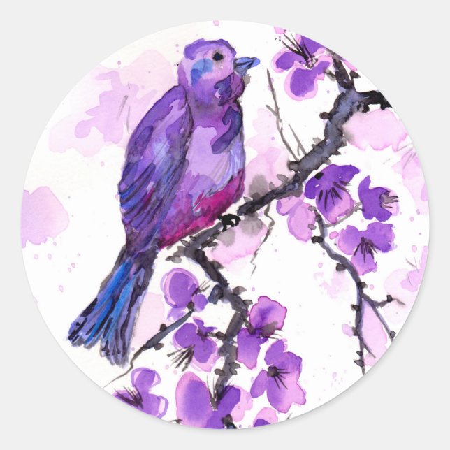 Purple Bird and Blossoms Classic Round Sticker (Front)