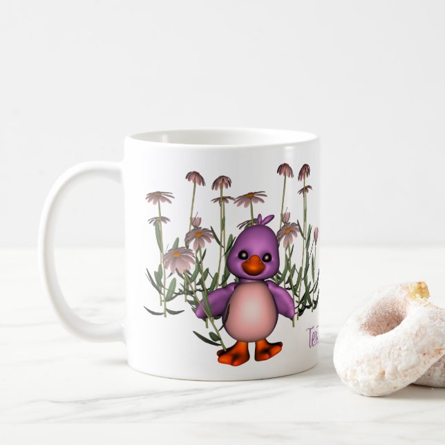 Purple Bird And Daisies Cute Personalised Coffee Mug (With Donut)