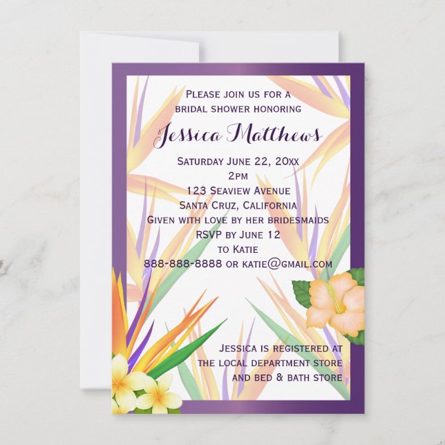 Purple Bird of Paradise Bridal Shower Wedding Invitation (Front)