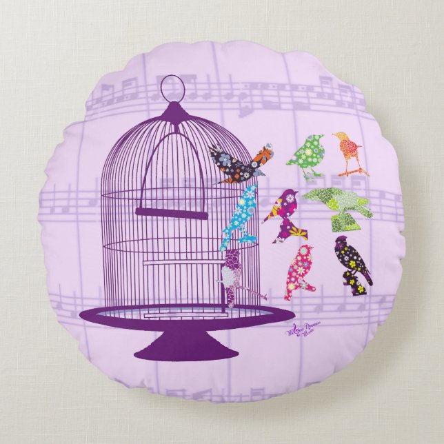 Purple Birdcage & Birds Sheet Music Round Pillow (Front)