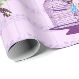 Purple Birdcage & Birds Sheet Music Wrapping Paper