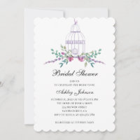 Purple birdcage bridal shower invitation. Flowers