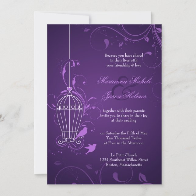 Purple Birdcage Wedding Invite w/ RSVP & Info (Front)
