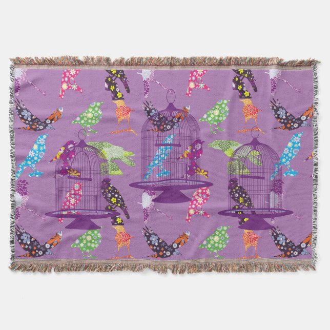 Purple Birdcages &FloralBirds Purple Throw Blanket (Front)