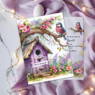 Purple Birdhouse Surprise Birthday Party Invitation