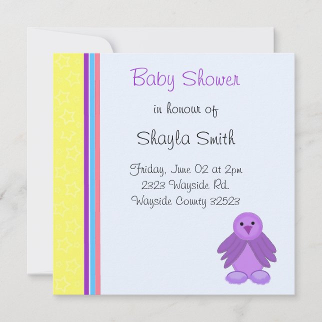 Purple Birdie Baby Shower Invitation (Front)