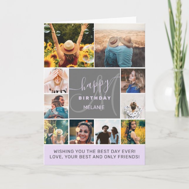 Purple birthday 10 photo collage grid monogram card (Front)