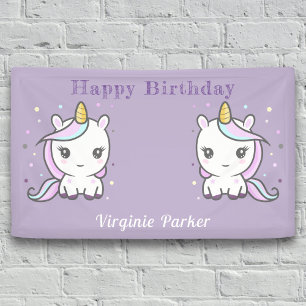 Purple Birthday Banner with Cute Unicorns