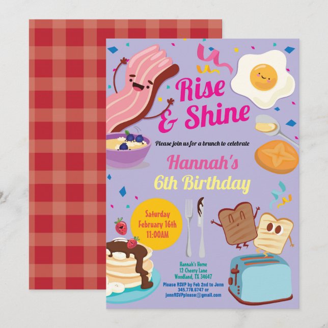Purple birthday brunch invitation. Rise and shine Invitation (Front/Back)