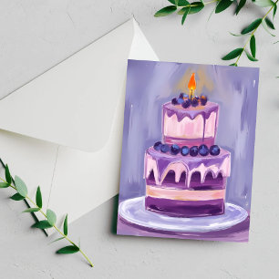 Purple Birthday Cake   Watercolor Birthday Card