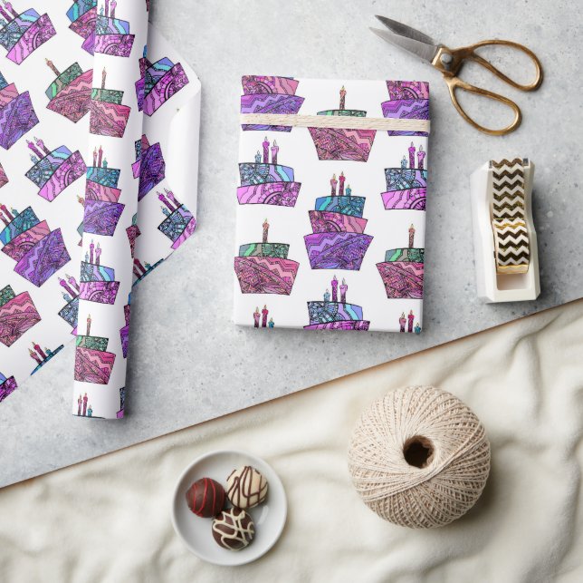 Purple Birthday Cakes Wrapping Paper (Crafts)