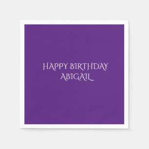Purple birthday napkins with personalised  name.