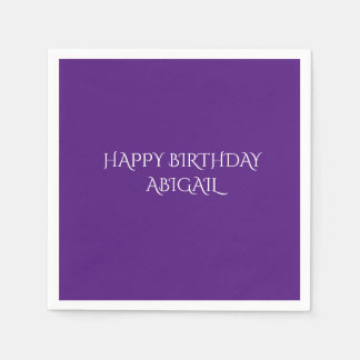 Purple birthday napkins with personalised  name.