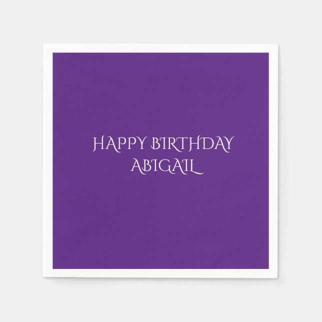 Purple birthday napkins with personalised  name. (Front)