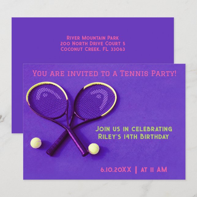 Purple Birthday Party  Rackets and Balls Tennis  Invitation (Front/Back)