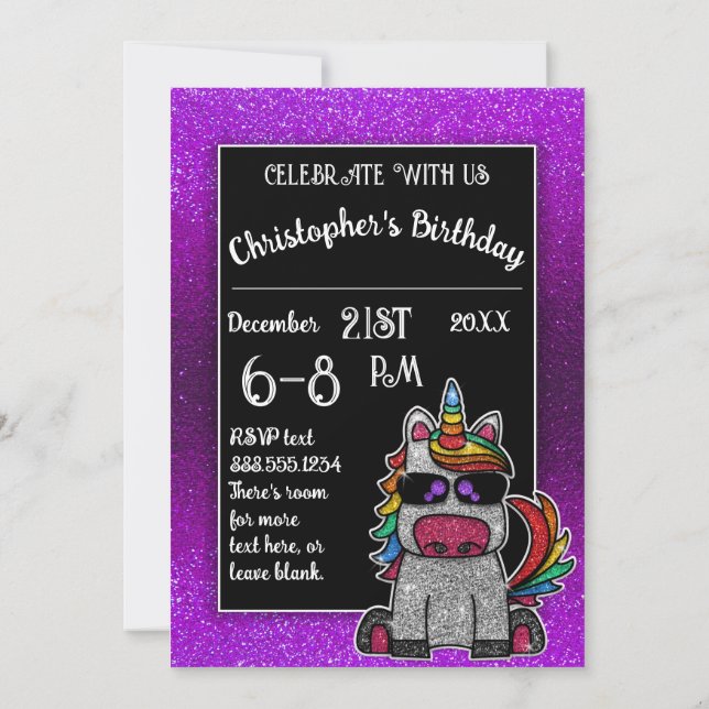 Purple Birthday Party Rainbow Glitter Unicorn Invitation (Back)