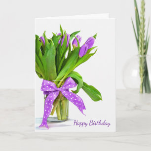 purple birthday tulip bouquet on white card