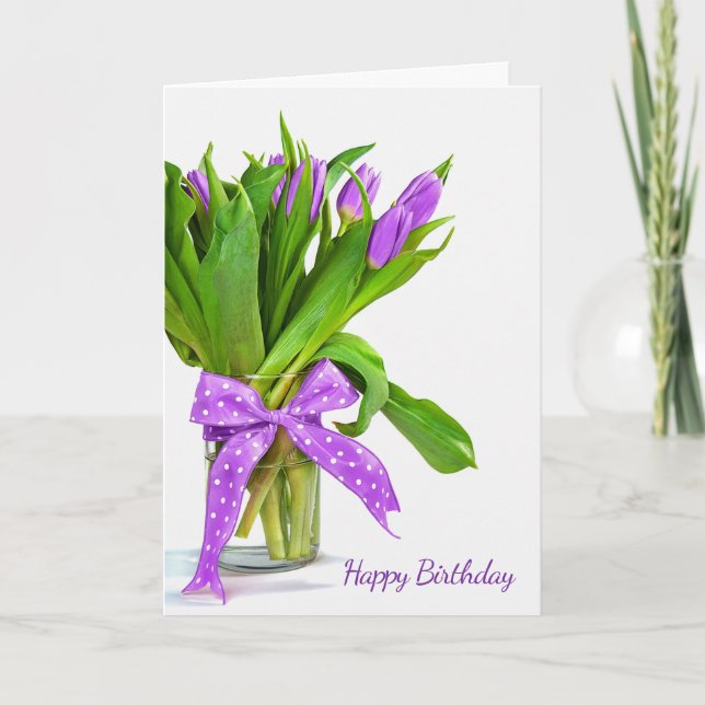 purple birthday tulip bouquet on white card (Front)