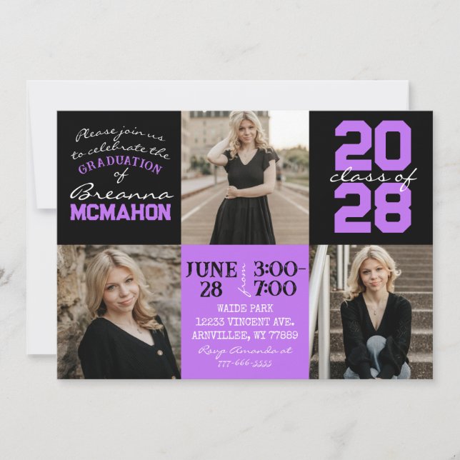 Purple & Black 3 Photo Graduation Invitation (Front)