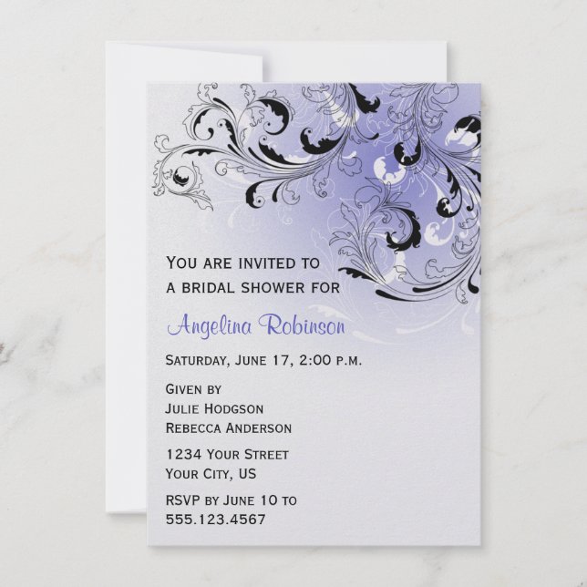Purple Black Abstract Swirls Bridal Shower Invitat Invitation (Front)
