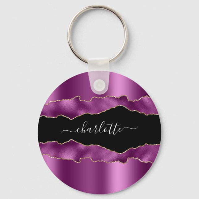 Purple black agate marble name script key ring (Front)