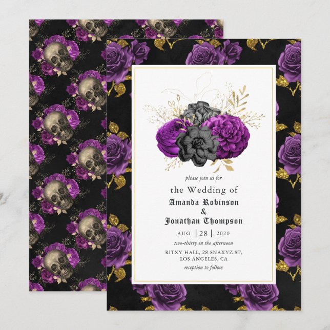 Purple, Black and Gold Floral Gothic Wedding Invitation (Front/Back)