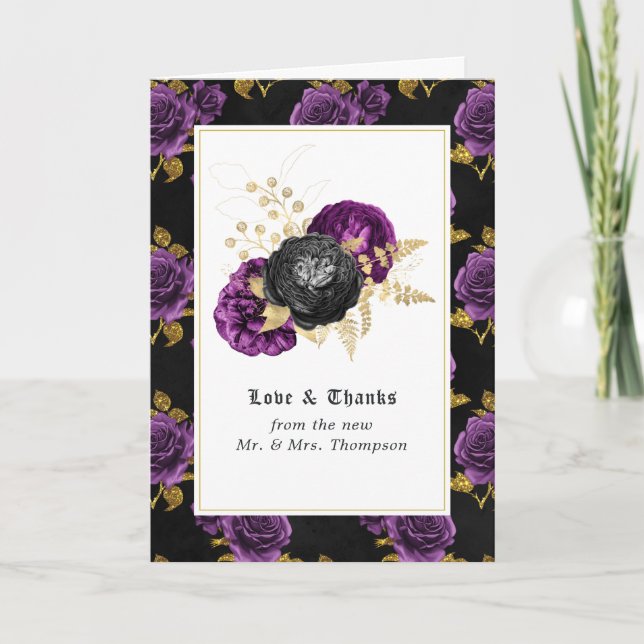 Purple, Black and Gold Floral Gothic Wedding Photo Thank You Card (Front)