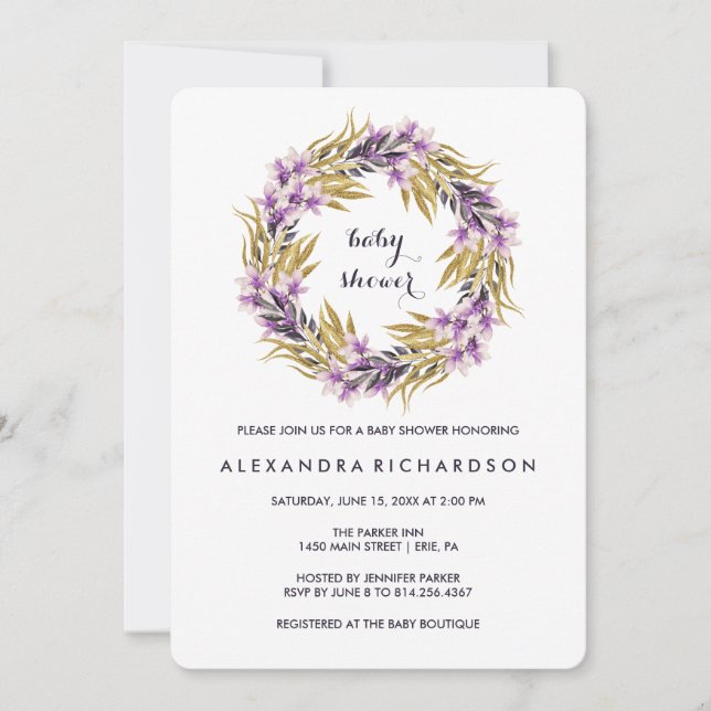 Purple Black and Gold Magnolia Flowers Baby Shower Invitation (Front)