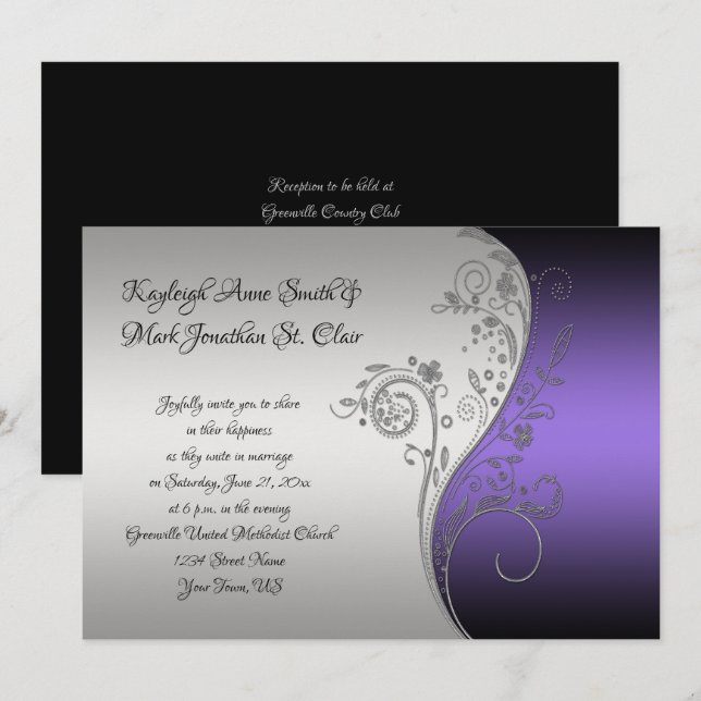 Purple Black and Silver Calligraphy Wedding Invitation (Front/Back)