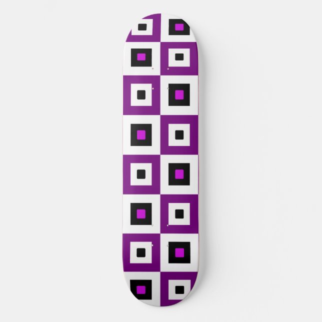 Purple Black and White Checkered Squares Pattern Skateboard (Front)