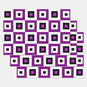 Purple Black and White Checkered Squares Pattern Wrapping Paper Sheet