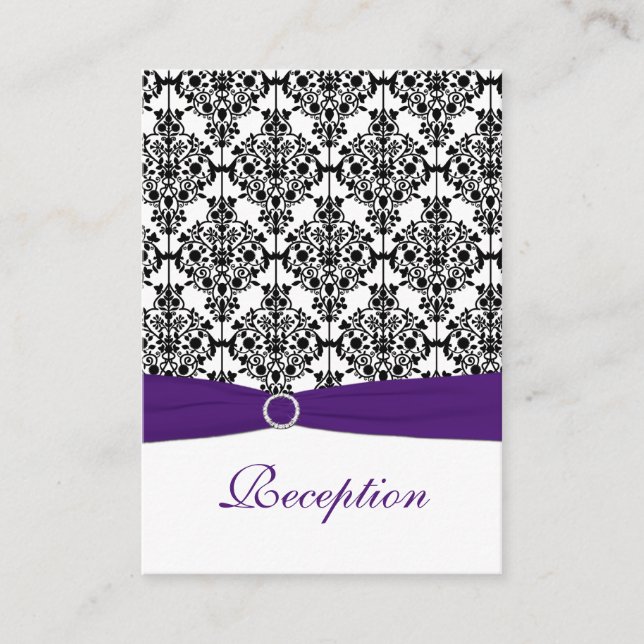 Purple, Black and White Damask Reception Card (Front)