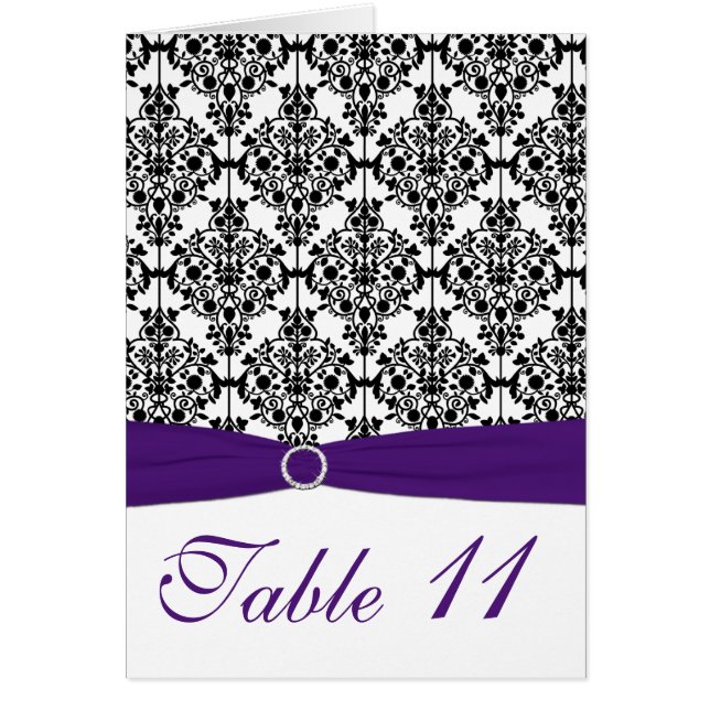 Purple, Black and White Damask Table Number Card (Front)