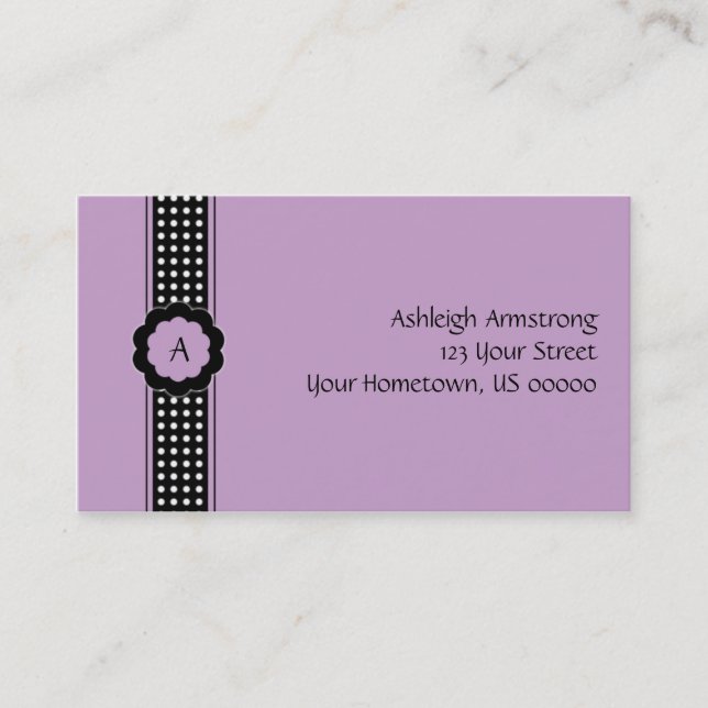 Purple Black and White Polka Dots Business Card (Front)