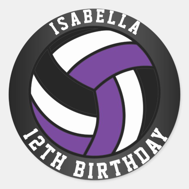 Purple, Black and White Volleyball Birthday Classic Round Sticker (Front)