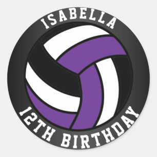 Purple, Black and White Volleyball Birthday Classic Round Sticker