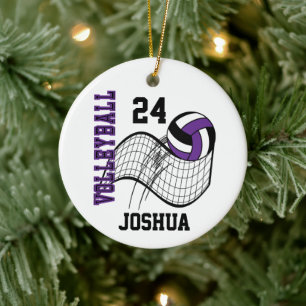 Purple, Black and White Volleyball Ceramic Tree Decoration