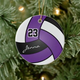 Purple, Black and White  Volleyball Ceramic Tree Decoration