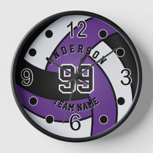 Purple, Black and White Volleyball  Clock