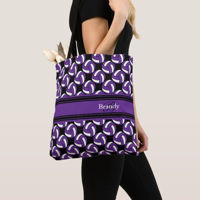 Purple, Black and White Volleyball | Personalise  Tote Bag (Close Up)