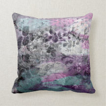 Purple Black & Aqua Floral Monoprint Pillow