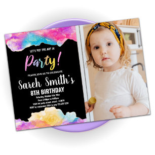 Purple Black Art in Party Paint Birthday W Photo Invitation