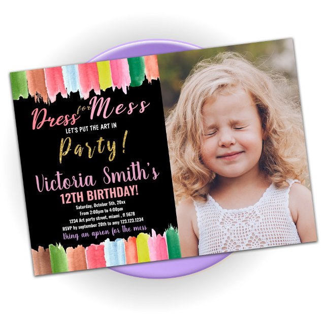 Purple Black Art in Party Paint Birthday W Photo Invitation (Creator Uploaded)