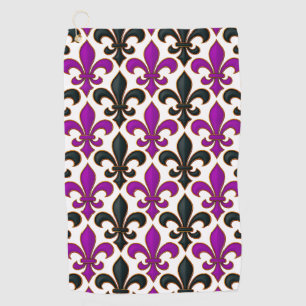 Purple Black Baroque Fleur-de-lis Pattern Design Golf Towel