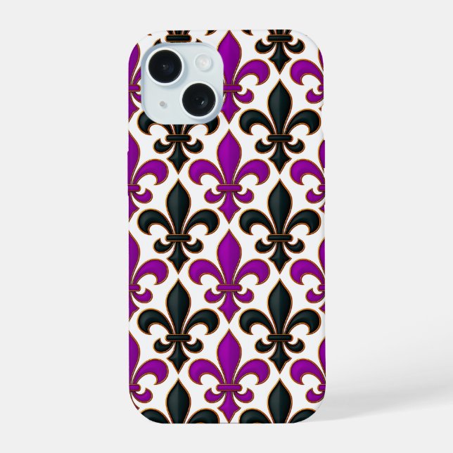 Purple Black Baroque Fleur-de-lis Pattern Design  iPhone 15 Case (Back)