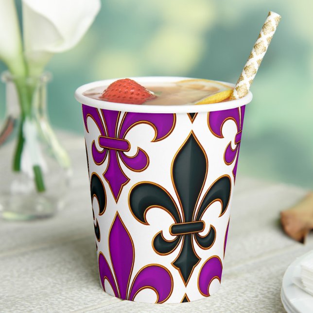 Purple Black Baroque Fleur-de-lis Pattern Design  Paper Cups (Creator Uploaded)